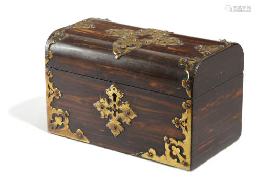 A VICTORIAN COROMANDEL TEA CADDY c.1860-70 with brass strapwork mounts, the interior with a pair