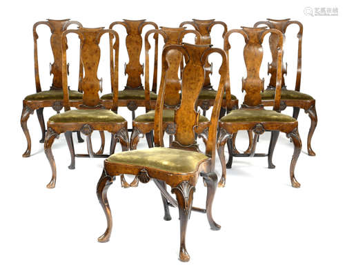 A SET OF EIGHT WALNUT DINING CHAIRS IN QUEEN ANNE STYLE POSSIBLY IRISH, EARLY 20TH CENTURY each with