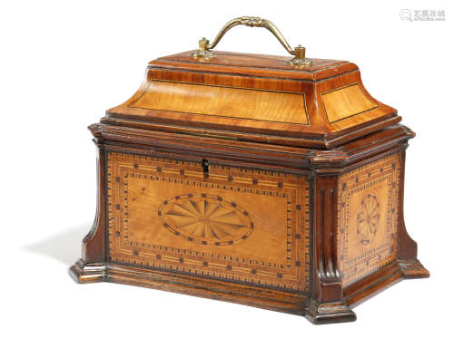 A SATINWOOD, KINGWOOD AND PARQUETRY TEA CADDY IN GEORGE III STYLE LATE 19TH CENTURY of sarcophagus