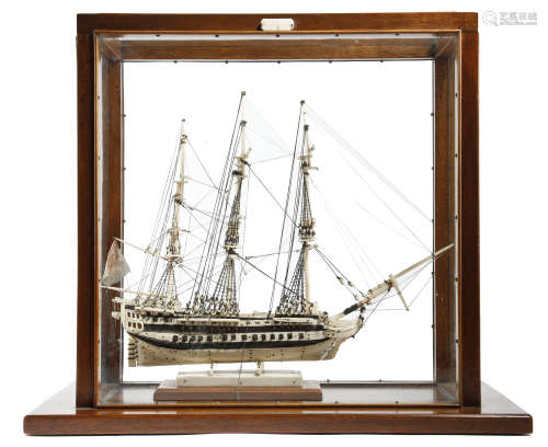 A FRENCH DIEPPE STYLE BONE SHIP MODEL LATE 19TH / EARLY 20TH CENTURY of a French man'o'war, rigged