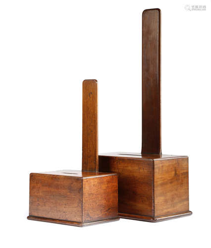 TWO MAHOGANY PLATE STANDS 19TH CENTURY each with a weighted box base (2) 53.5cm high, 24.5cm wide