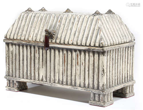 A PAINTED WOOD RIBBED CASKET IN GOTHIC STYLE 23.6cm wide