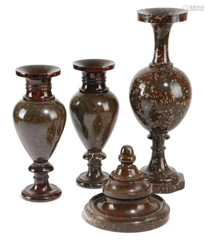 A COLLECTION OF CORNISH SERPENTINE ITEMS LATE 19TH CENTURY with a pair of turned vases with ovoid