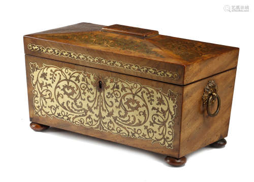 A GEORGE IV MAHOGANY AND BRASS MARQUETRY TEA CHEST EARLY 19TH CENTURY of sarcophagus form, the lid