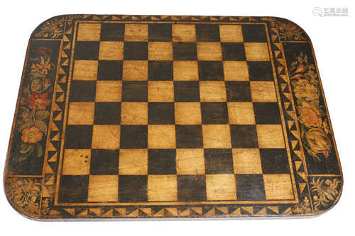 A PENWORK CHEQUER GAMES BOARD c.1830-40 decorated with panels of flowers and scrolling leaf