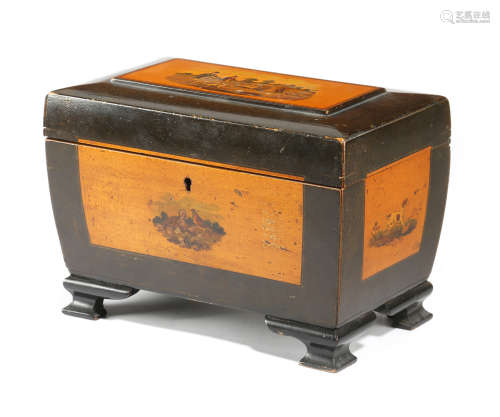 A LATE VICTORIAN SYCAMORE TEA CADDY POSSIBLY MAUCHLINE WARE of sarcophagus shape, with printed