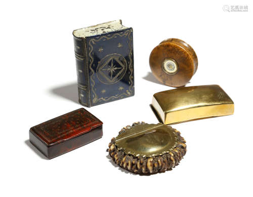FIVE SNUFF BOXES 19TH CENTURY comprising: a brass and stag antler example, a tole example in the