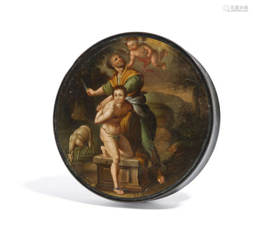 AN EARLY 19TH CENTURY GERMAN LACQUERED PAPIER-MACHE SNUFF BOX IN THE MANNER OF STOBWASSER the lid
