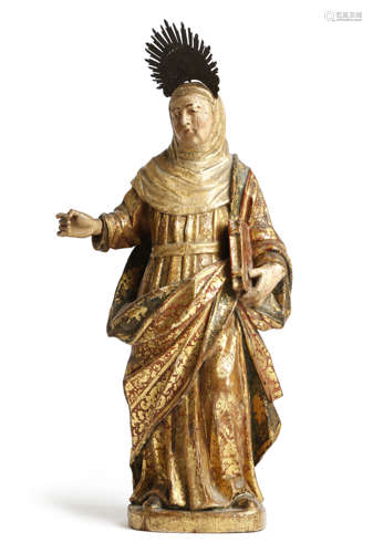 A CARVED WOOD AND POLYCHROME PAINTED FIGURE OF ST TERESA SPANISH, 18TH CENTURY with gilt decoration,