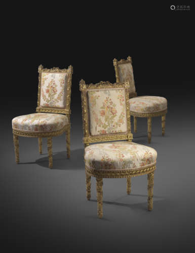 A SET OF THREE FRENCH GILTWOOD SIDE CHAIRS IN LOUIS XVI STYLE AFTER THE MODEL BY GEORGES JACOB, LATE