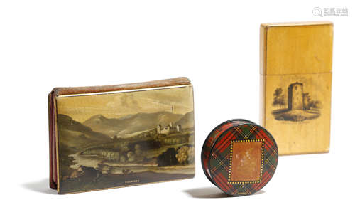 A VICTORIAN TARTAN WARE AIDE-MEMOIRE the cover painted with a view of Balmoral, together with a