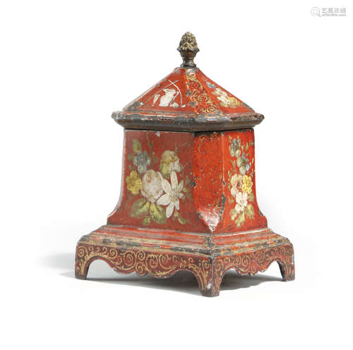 A 19TH CENTURY PAINTED CAST IRON TOBACCO JAR AND COVER c.1840 decorated with flowers, with scrolling
