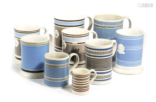 A SMALL COLLECTION OF POTTERY MUGS 19TH CENTURY comprising: three pearlware mocha ware examples