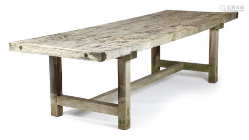 A LARGE 'BLUE OAK' GARDEN TABLE 20TH CENTURY the boarded top with cleated ends, on square supoorts