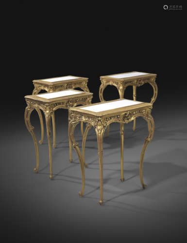 FOUR GILTWOOD CENTRE TABLES IN LOUIS XV STYLE LATE 19TH CENTURY comprising: two pairs of tables,