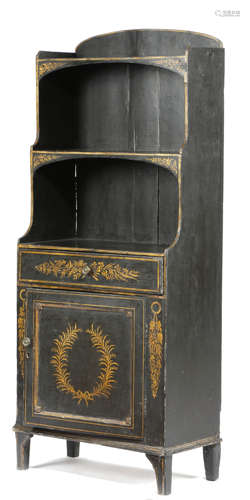 AN EBONISED AND PARCEL GILT BOOKCASE EARLY 19TH CENTURY painted with leaves, flowers and a wreath,