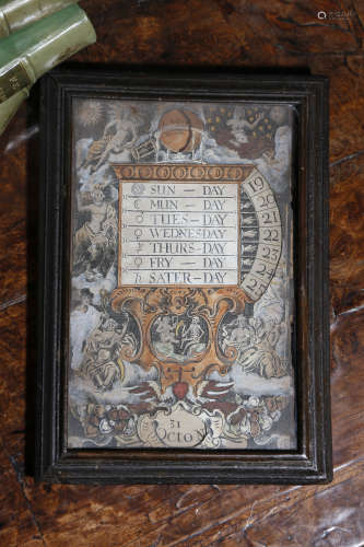 A RARE ENGRAVED PERPETUAL CALENDAR PAPER INSTRUMENT BY JOHN SELLER c.1680 hand-coloured copper
