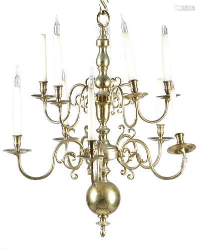 A DUTCH BRASS TEN-LIGHT CHANDELIER IN BAROQUE STYLE 20TH CENTURY the baluster turned body issuing