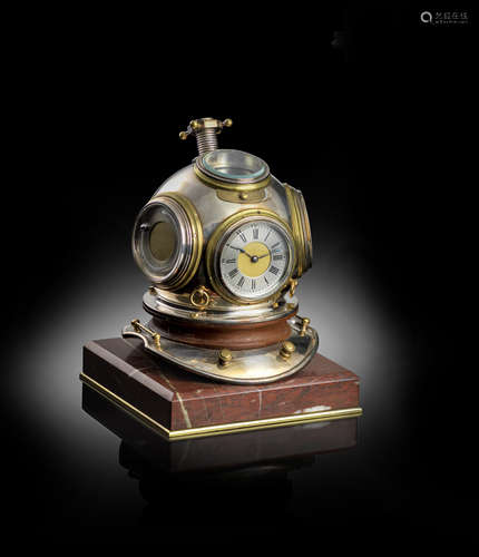 A FRENCH CHROME AND BRASS DIVER'S HELMET INDUSTRIAL TIMEPIECE LATE 19TH CENTURY the central clock