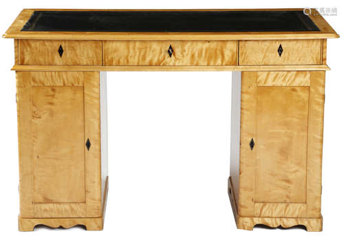 A SCANDINAVIAN BIRCH TWIN PEDESTAL DESK SECOND HALF 19TH CENTURY the top inset with a later gilt