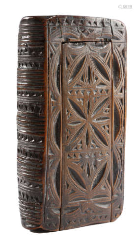 A TREEN CHIP CARVED SNUFF BOX IN THE FORM OF A BOOK FIRST HALF 19TH CENTURY with a sliding cover