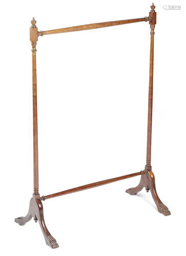 A VICTORIAN MAHOGANY CLOTHES HORSE LATE 19TH CENTURY on stylised paw feet 90.2cm high, 62cm wide,