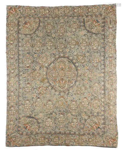 A LARGE COVER OF PALE GREEN KASHMIR WOOL OTTOMAN, c.1800 tamboured throughout in silks with