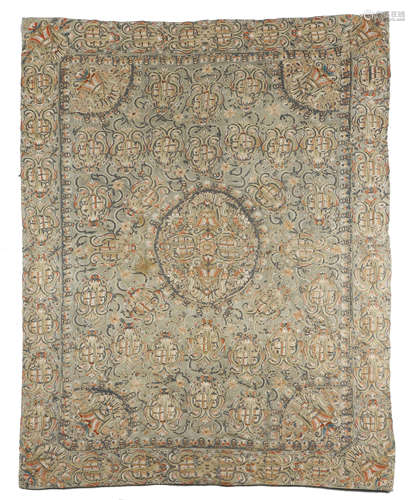 A LARGE COVER OF PALE GREEN KASHMIR WOOL OTTOMAN, c.1800 tamboured throughout in silks with