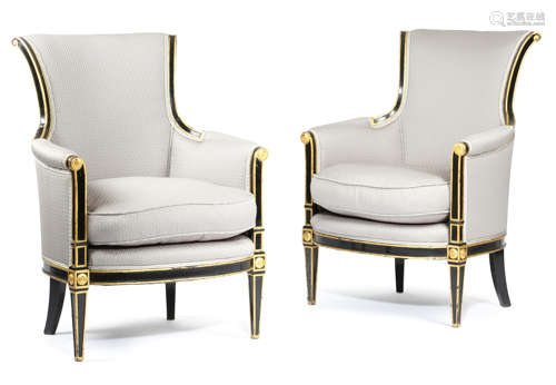 A PAIR OF EBONISED AND PARCEL GILT BERGERES IN EMPIRE STYLE PROBABLY 20TH CENTURY each with a