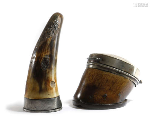 TWO 19TH CENTURY SNUFF BOXES one in the form of a horse's hoof, with plated mounts, a hinged lid and