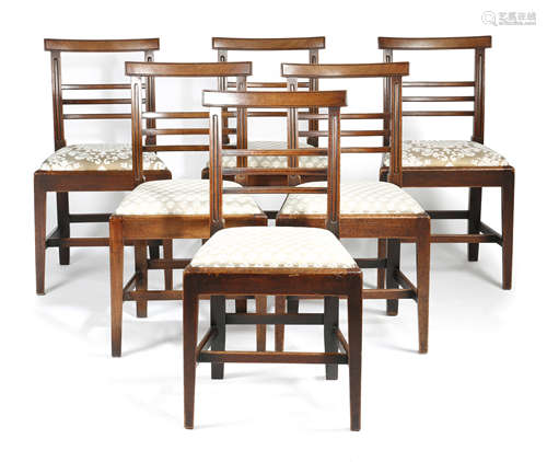 A SET OF SIX GEORGE III MAHOGANY DINING CHAIRS IN SHERATON STYLE EARLY 19TH CENTURY each with a