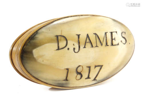 A REGENCY HORN OVAL SNUFF BOX PROBABLY WELSH, EARLY 19TH CENTURY the lid inscribed and dated 'D.