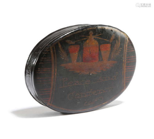 AN 18TH CENTURY WELSH PONTYPOOL TIN OVAL SNUFF BOX black japanned and decorated in gilt with a