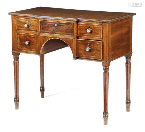 A MAHOGANY BREAKFRONT SIDE TABLE EARLY 19TH CENTURY AND LATER inlaid with boxwood stringing, the