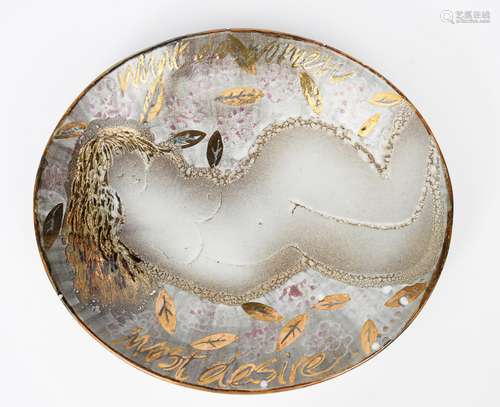 ‡ Avis Murray What Women Most Desire a Dartington Pottery oval charger, painted with a reclining