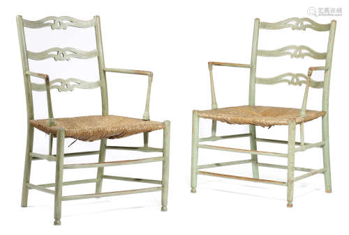 TWO SIMILAR PAINTED ASH COUNTRY OPEN ARMCHAIRS PROBABLY WEST MIDLANDS, FIRST HALF 19TH CENTURY