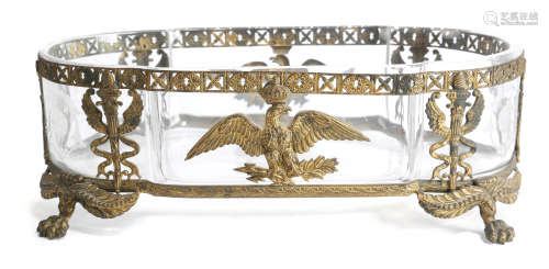 A CONTINENTAL GLASS AND GILT METAL MOUNTED BOWL IN EMPIRE STYLE 19TH CENTURY of breakfront oblong