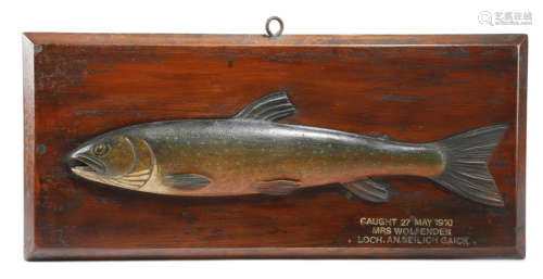 AN EDWARDIAN CARVED AND PAINTED WOOD HALF-BLOCK FISHING TROPHY MODEL OF A CHAR ATTRIBUTED TO JOHN