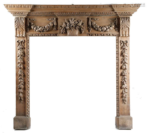 A CARVED PINE FIRE SURROUND / CHIMNEY PIECE IN GEORGE II STYLE LATE 19TH CENTURY with egg and dart