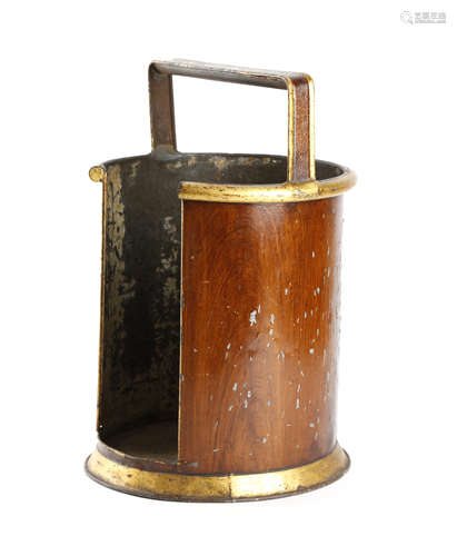 A VICTORIAN TOLE PEINTE PLATE BUCKET with parcel gilt and simulated wood decoration 50cm high, 33.