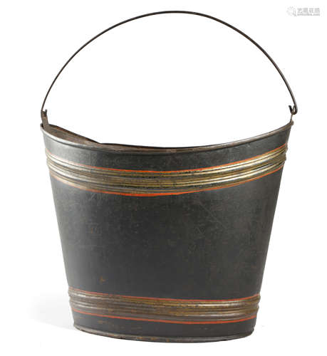 AN EARLY 19TH CENTURY TOLE PEINTE NAVETTE SHAPE BUCKET with a swing handle, the part moulded body