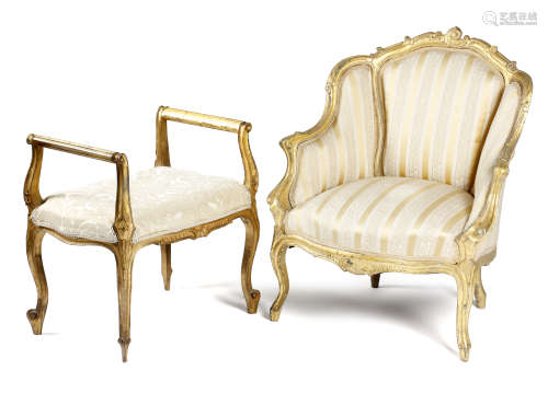 A FRENCH GILTWOOD BERGERE IN LOUIS XV STYLE LATE 19TH CENTURY the moulded frame carved with scrolls,