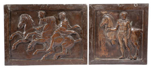 TWO FRENCH BRONZED COPPER PLAQUES LATE 19TH / EARLY 20TH CENTURY depicting classical figures with