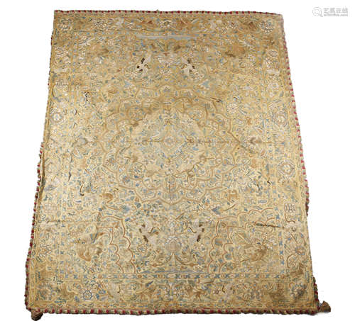 AN EMBROIDERED CARPET INDO-PORTUGUESE, c.1800 worked in twisted silks with a border of peonies and