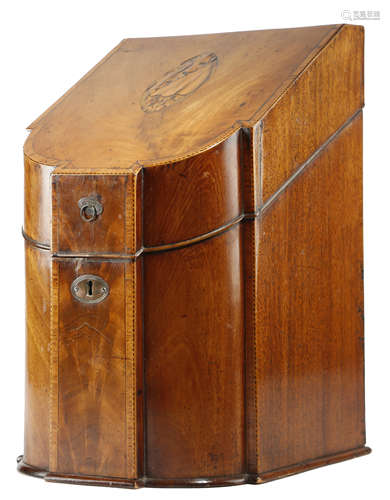 A GEORGE III MAHOGANY KNIFE BOX LATE 18TH CENTURY AND LATER inlaid with tulipwood banding and