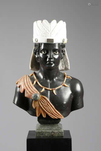 A VENETIAN STYLE BLACK, WHITE AND VARIEGATED MARBLE BUST OF A BLACKAMOOR PROBABLY 20TH CENTURY an