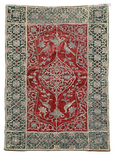 A DOUBLE NICHE PRAYER MAT OF GREEN AND RED VELVET PERSIAN, MID-19TH CENTURY embroidered in silk