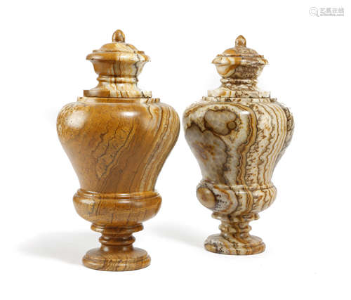 A PAIR OF ITALIAN TURNED ALABASTRO FIORITO URNS AND COVERS POSSIBLY LATE 18TH / EARLY 19TH CENTURY