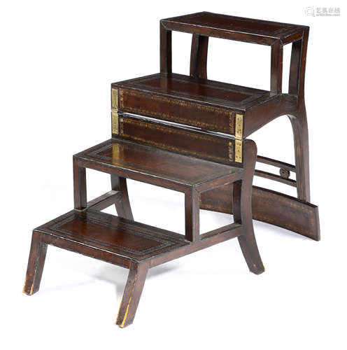 A LEATHER COVERED METAMORPHIC LIBRARY CHAIR / STEPS BY MAITLAND-SMITH LATE 20TH CENTURY with gilt