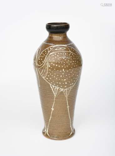 ‡ William Staite Murray (1881-1962) 'Dark Celadon White Birds' a fine tall stoneware vase, slender